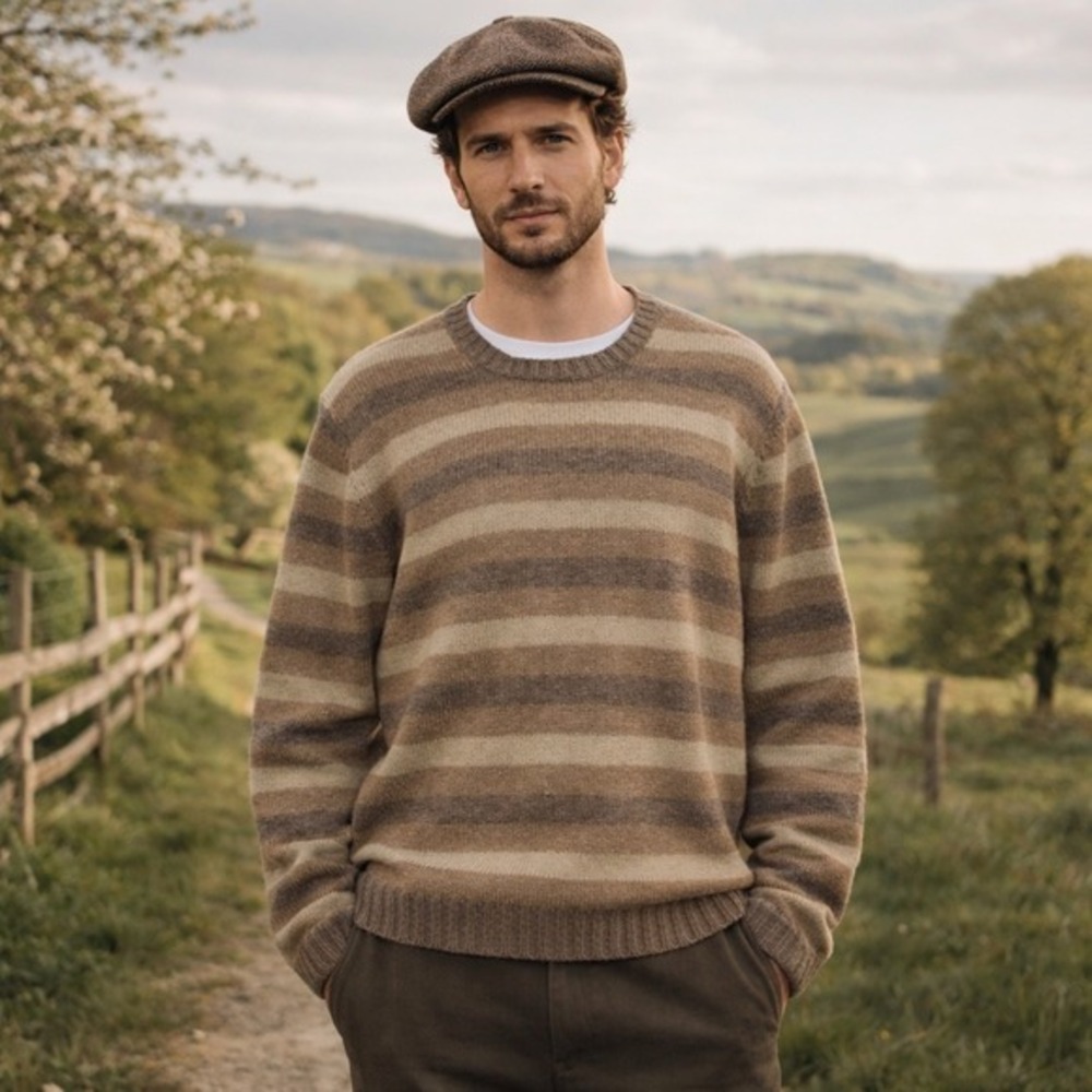 Brooks Brothers‎ Mens Striped Lambswool Crewneck Sweater Tan Brown Small S